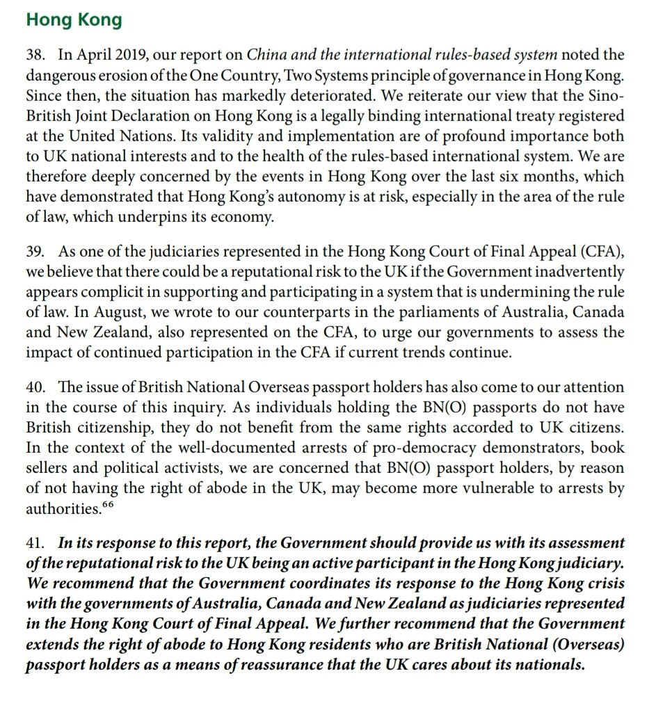 1/n Thread: Strong comments by UK  @CommonsForeign in new report on defending democracies.Notes possible reputational risk to UK having judges on  #HongKong Court of Final Appeal (CFA), by appearing complicit in a system undermining rule of law.Australia has 4 judges on CFA.