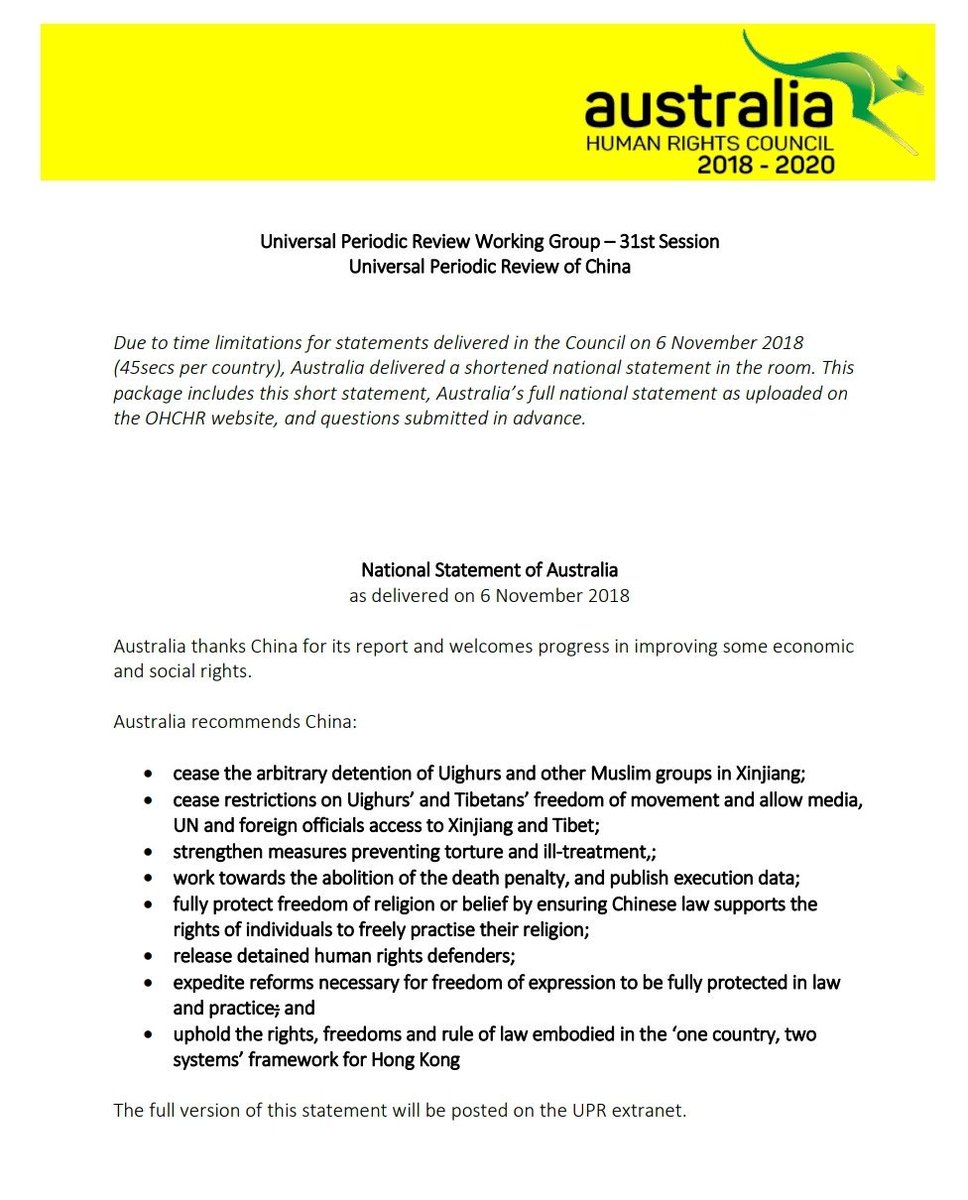 5/n Also,  @dfat consistently notes having Australian judges on CFA via speeches & talking points on  #HongKong. Upholding  #ruleoflaw major part of relationship.For example,  #ruleoflaw was part of Australia's  #UPR recommendation on HK in Nov 2018, see below  @HongKongUPR  #HKUPR