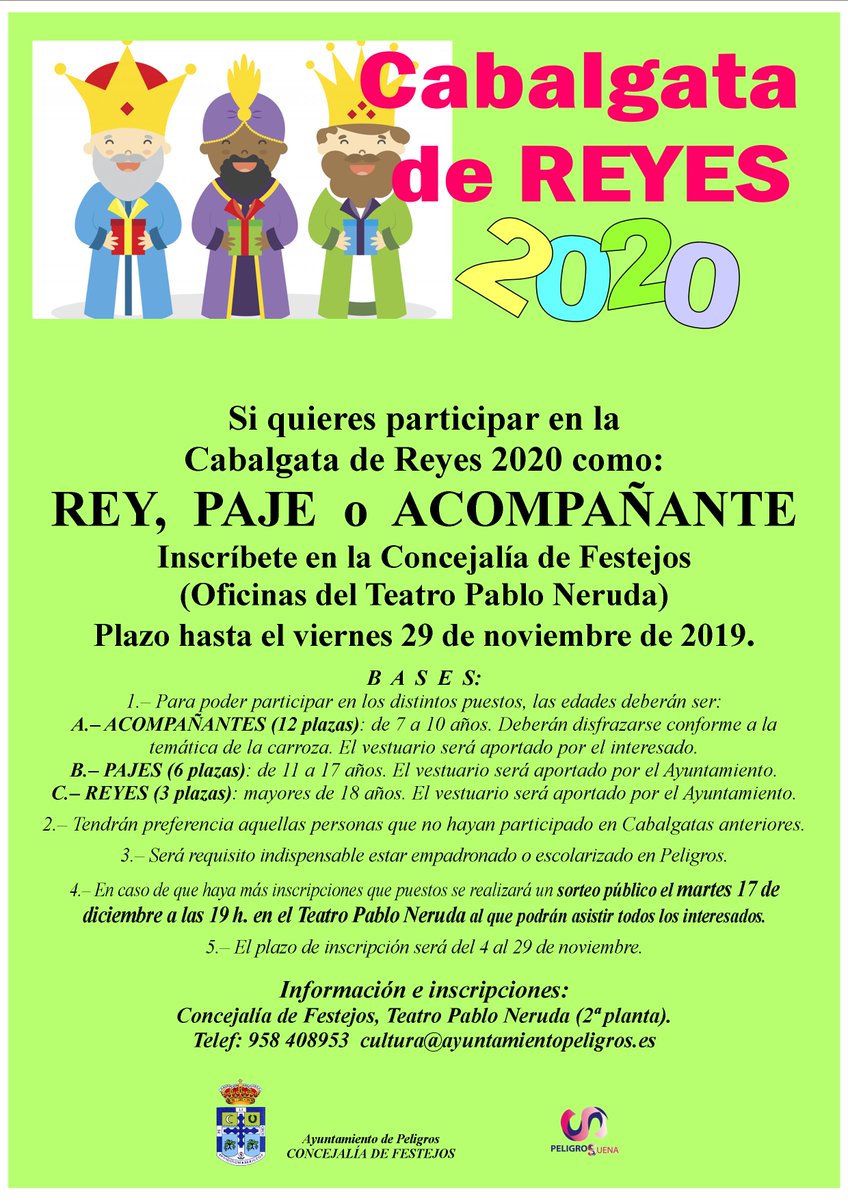 PeligrosSuena's tweet photo. Ya está abierto el plazo para inscribirse en la Cabalgata de Reyes, como rey, paje o acompañante. Inscríbete en la Concejalía de Festejos (oficinas del Teatro Pablo Neruda) hasta el viernes 29 de noviembre. https://t.co/mviLwYjDQG