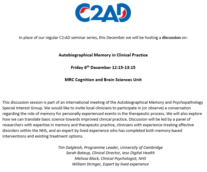 _c_hitchcock's tweet photo. In December, we do things differently! #C2AD will be hosting an interactive discussion between researchers, clinicians, and experts by lived experience, about the role of personal memories in therapy. Registration is free at https://t.co/zXhBYtszlz https://t.co/1i8qNAb63t