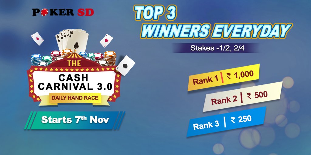 pokersdofficial's tweet photo. The #CashCarnival 3.0 is starting from tomorrow. Get a chance to play HAND RACE daily and win Big Cash Prizes.
Know More @ https://t.co/Ebh3lXH2SI or get in touch with us at 9971115037

#cashprizes #winrealmoney #poker #realmoney #winnings #winners #pokergame #pokerindia #pokerSD https://t.co/lFBDo0R2ku
