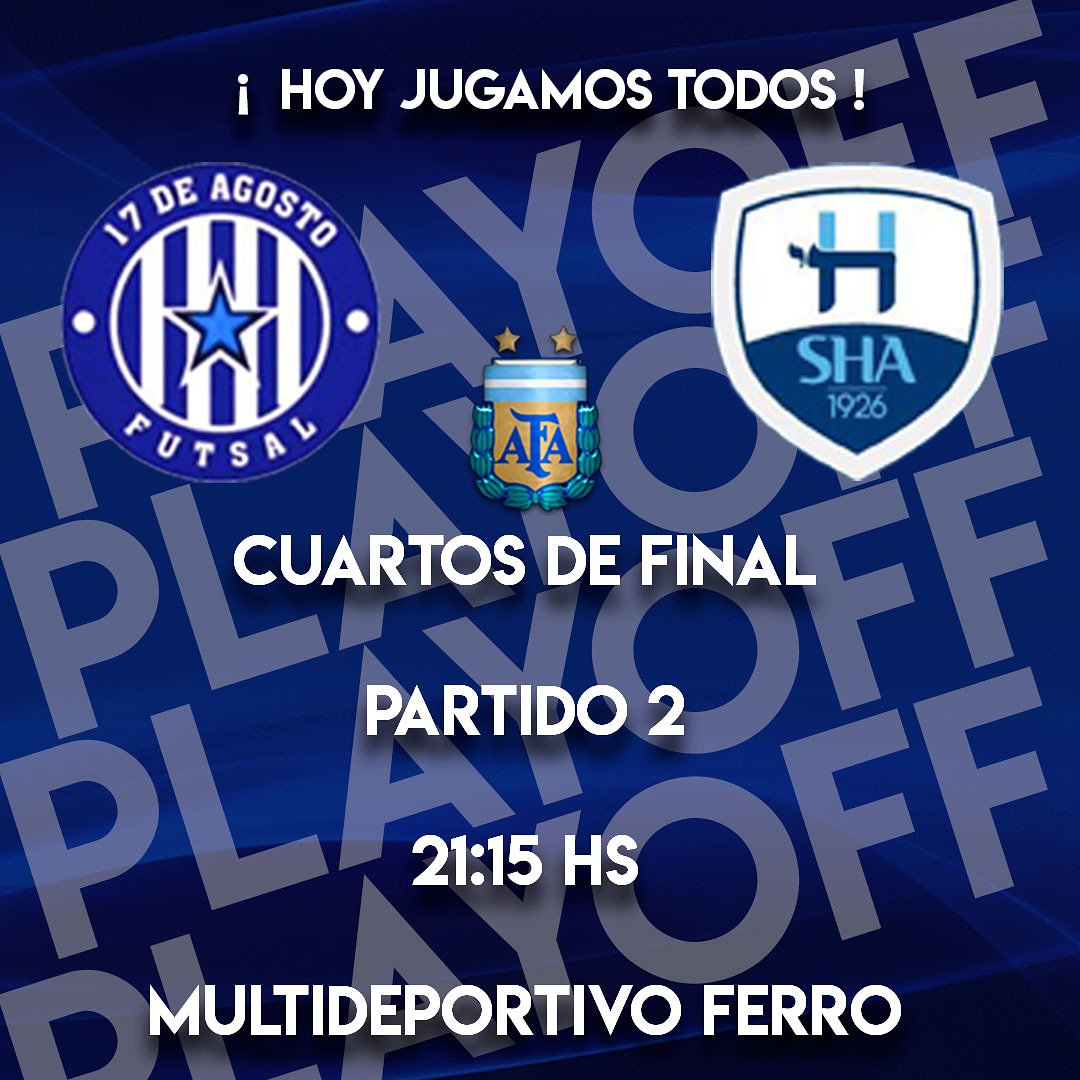 hebraicafutsal's tweet photo. #Playoff ⚽
¡Es hoy! 
Hebraica enfrentará a 17 de Agosto en el segundo partido de la serie de cuartos de final a las 21:15 Hs en el Multideportivo de Ferro. 
¡El equipo necesita de todos! 💪
¡Vamos #Hebraica! 🔵
@pasionfutsal @adostoquesfut @FutsalEsPasion6 https://t.co/GeeJ8206uu