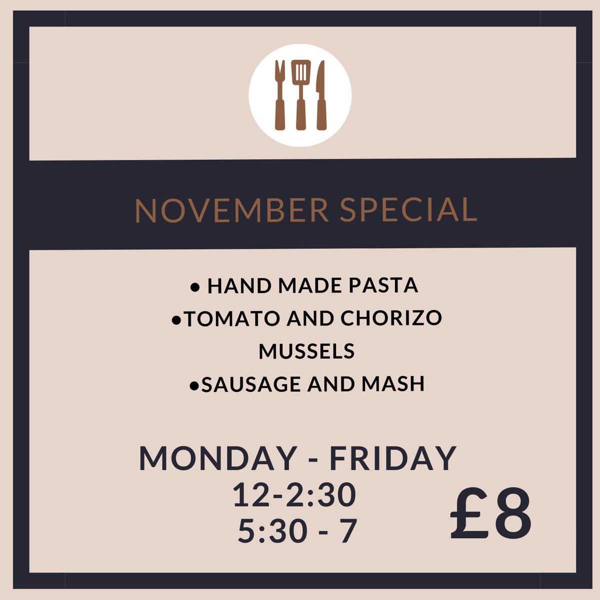 waterfront_ips's tweet photo. Join us Monday - Friday throughout November between 12 - 2:30 and 5:30 - 7pm.

Choose from either home-made pasta with either a vegetarian or meat sauce, tomato and chorizo mussels or sausage and mash.

🥰🥰🥰

#waterfrontbistroipswich #ipswichrestaurant #loveindependent https://t.co/OC5KzoFeW5