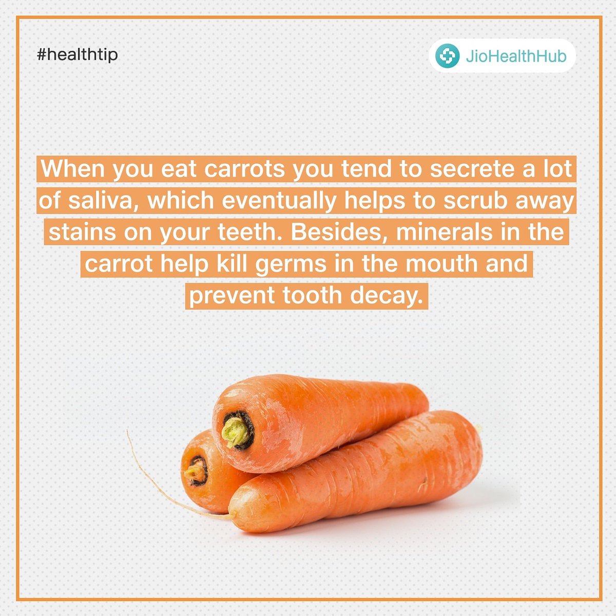 jiohealthhub's tweet photo. #healthtip #healthylifestyle #healthyeating #carrots #tipsforhealth #healthylivinginsideandout #healthyfood #carrot #saliva #toothdecay #toothdecayprevention #germs #minerals #nutrition #fruit https://t.co/eZW9W1vP6h