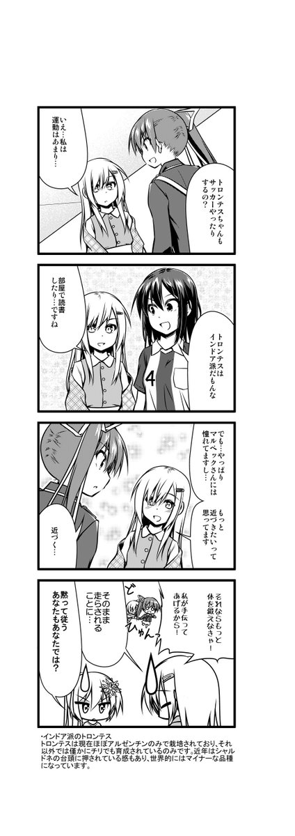 ワイン擬人化漫画「ワインガールズ」34話4本目です。  トロンテスは元はスペインの品種だったようですが、現在アルゼンチンで知られているトロンテスはDNA的にスペインに存在しません。欧州品種に属する「甲州」が日本に根付いたのと似たような感じかもしれません。  #ワイン #4コマ漫画 #百合