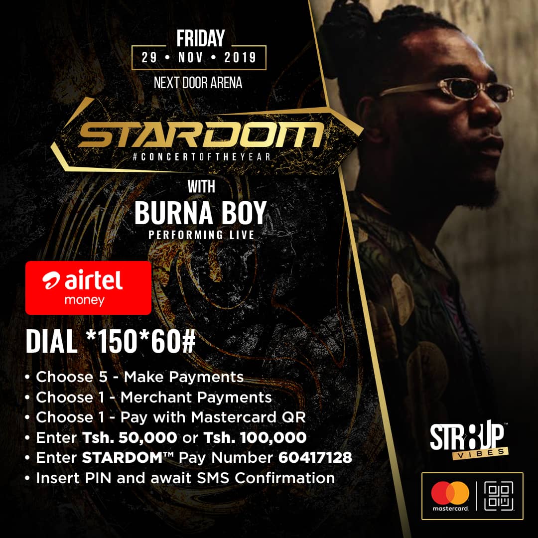 samstigdgmasaki's tweet image. Due to popular demand we've added another payment method! So there are no excuses for you not to get your ticket to STARDOM™ with @burnaboy Live on the #29thNov at #NextDoorArena #ConcertOfTheYear🇹🇿 #Str8upVibes
.
.
Get your tickets before the prices go up!