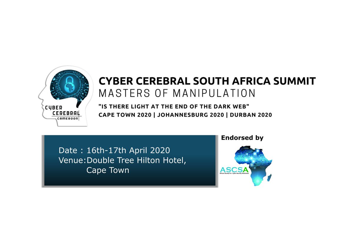 sa_ccsas's tweet photo. Book now to secure your seat for our next Summit taking place in Cape Town, 16 -17 April 2020. This is an opportunity to enrich your knowledge on Cyber Security.
Endorsed by African Society for Cyber Security Awareness
 #CCSAS #CyberSecurity #CyberAware #2020 #upcoming #summit https://t.co/5txp606NXa