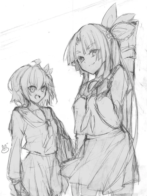 牛若丸とぐだ子(セーラー服のすがた)の雑らくがきです。誰か学園ラブコメ描いてください( ・∇・) 