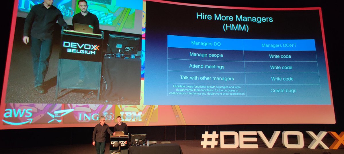 realDevoxxTrump's tweet photo. The secret to quality software is to fire all the engineers and hire more managers. No code no bugs. Via @chethaase @romainguy #KEEP #DEVOXX #GREAT https://t.co/qBdRHzeWM3