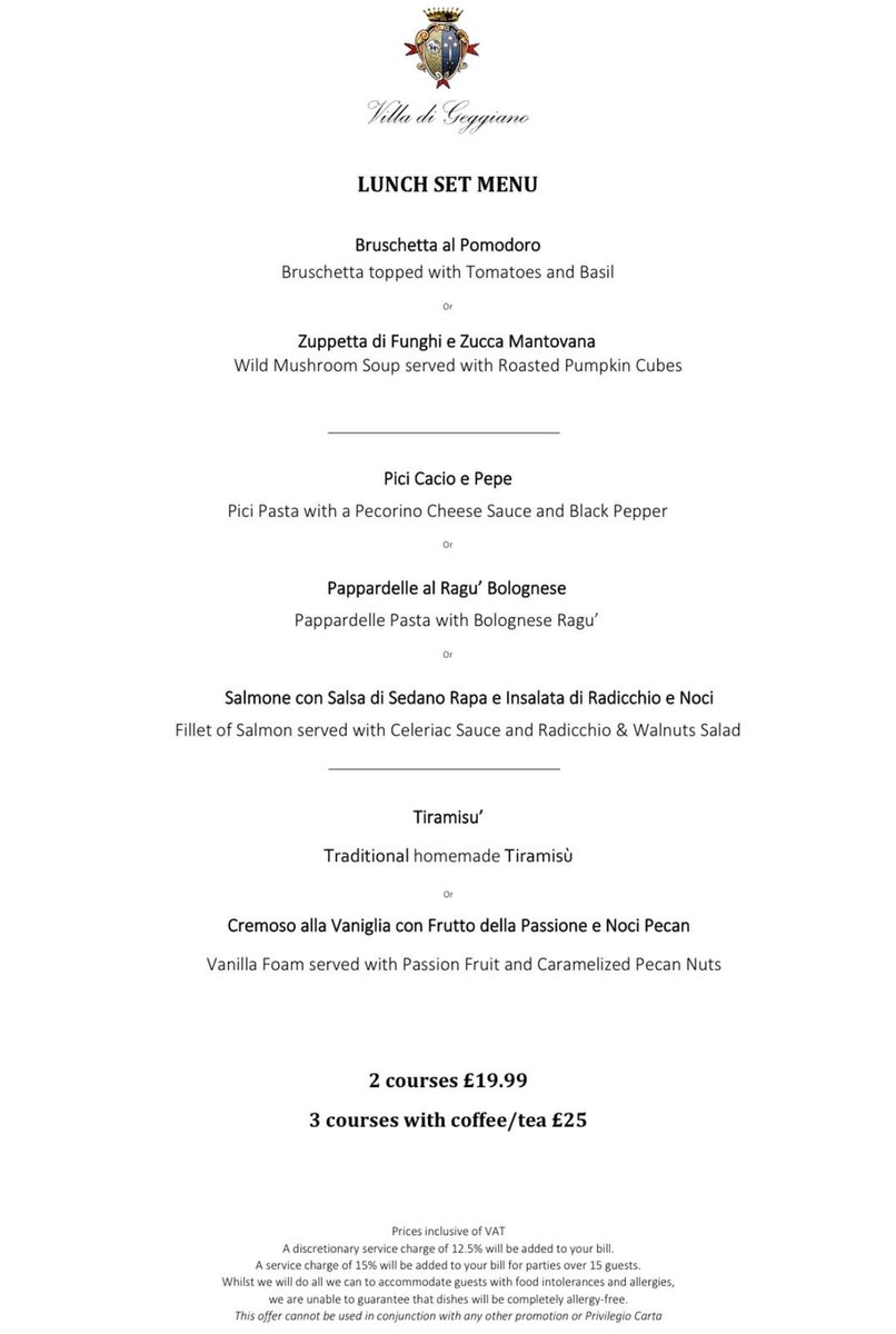 VilladiGeggiano's tweet photo. Our delicious Set Lunch Menu - £19.99 for two courses and £25.00 for three 😋
Available 7 days a week!
#setlunch #lunchsetmenu #lunch #lunchtime #tuscanlunch #italianstyle #italianfood #deliciouslunch #specialmenu https://t.co/3LFtJujQja