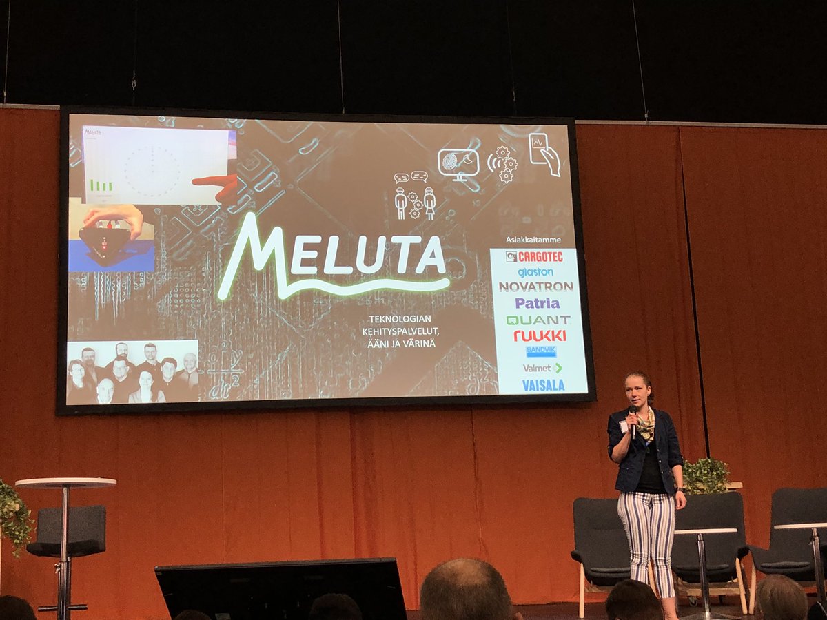 ReunavuoriJukka's tweet photo. Tampereen seudun yrityksiä pitchaamassa Teknologia 19 - messujen Startup-finaalissa. Meluta Oy ja Huoleti Oy 👍 #Teknologia19 #startup #Meluta #Huoleti #Kindfull https://t.co/kefVzsfgD2