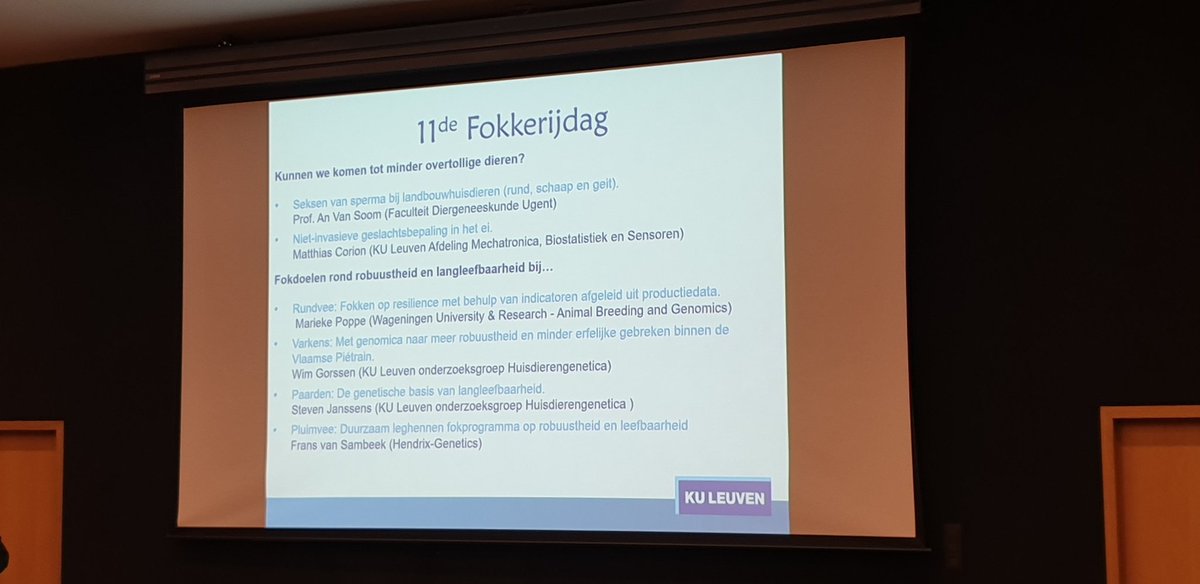 GregBioGenomics's tweet photo. And we go on in this symposium week...Attending the 11th #animalbreeding day @leuvenresearch organised by Prof Nadine Buys (BIW). An update on the use of #genomics for #noninvasive #preimplantation genetic sexing/testing and #genomicbreeding for robustness/longevity. @CHG_CME https://t.co/fyZgGEW7Eu