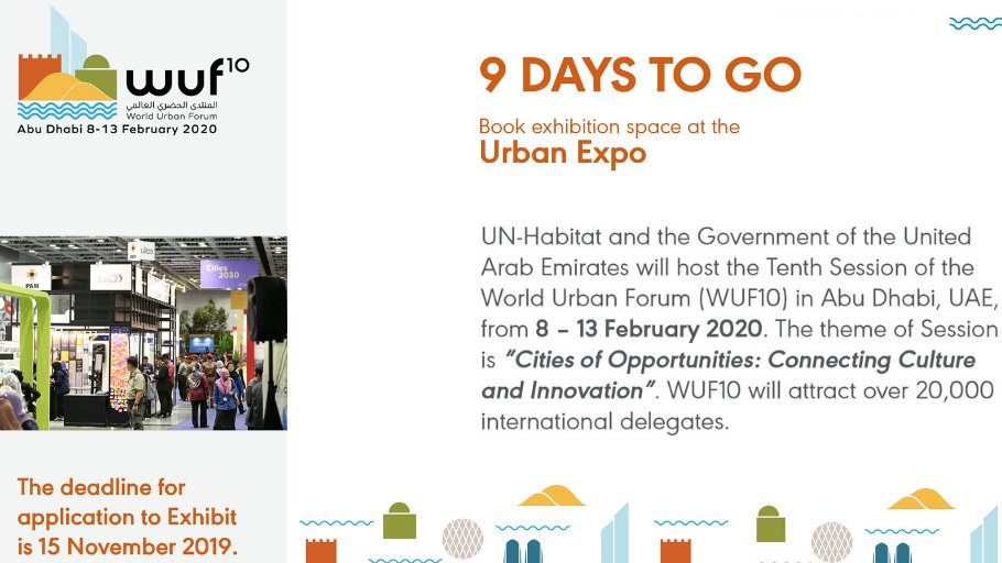 UNHABITAT's tweet photo. Have you booked a space to showcase your innovative &amp; sustainable solutions to global challenges? The application portal for the #WUF10 Urban Expo closes on 15 November. https://t.co/yMQHI9ogsk https://t.co/aJ19woF2mG