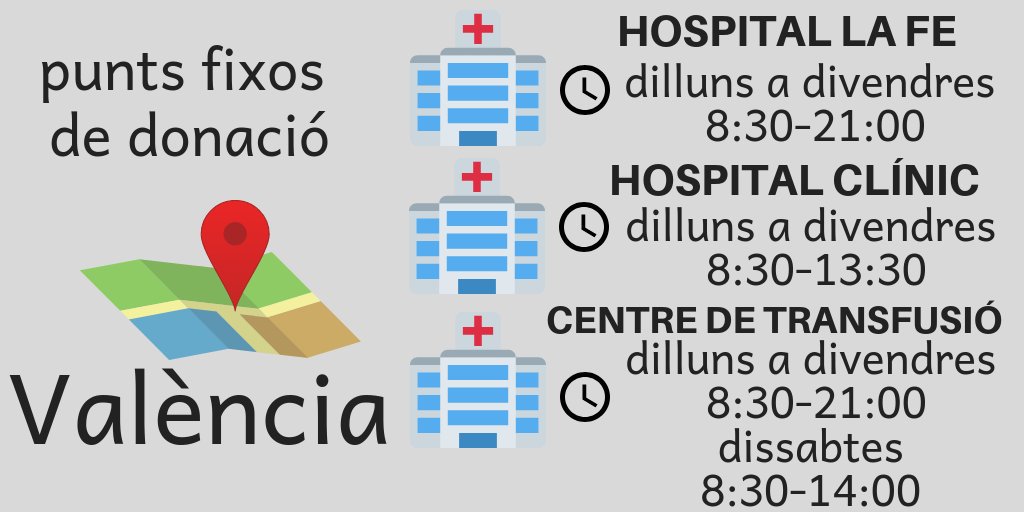 🗣️ Punts fixos de 𝗱𝗼𝗻𝗮𝗰𝗶𝗼́ 𝗱𝗲 𝘀𝗮𝗻𝗴 a la ciutat de #València
#FesteDonanter #1Donació3Vides ❤️
ℹ️ Consulta altres punts de donació 
👉bit.ly/30mOHW7