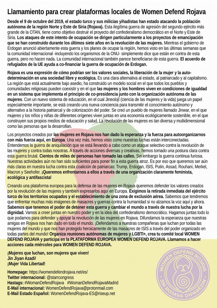 FeminismosMad's tweet photo. La revolución de Rojava es una revolución d todas las mujeres dl mundo¡Las mujeres podemos parar esta guerra!Desde Madrid nuestro apoyo✊🏽💜 @RojavaAzadi📌Te esperamos en el encuentro NO MIXTO
📣el próximo📅sábado #9Nov a las🕛19h🏡enLaIngo @CSIngobernable
#WomenDefendRojavaMadrid https://t.co/1ecLbBB3dT