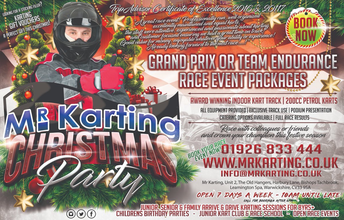 Christmas parties with a competitive edge! Crown your festive champion among friends or colleagues with our exclusive track use race events at Coventry &amp; Warwickshire's only TripAdvisor Certificate of Excellence winning kart track! Book now at mrkarting.co.uk