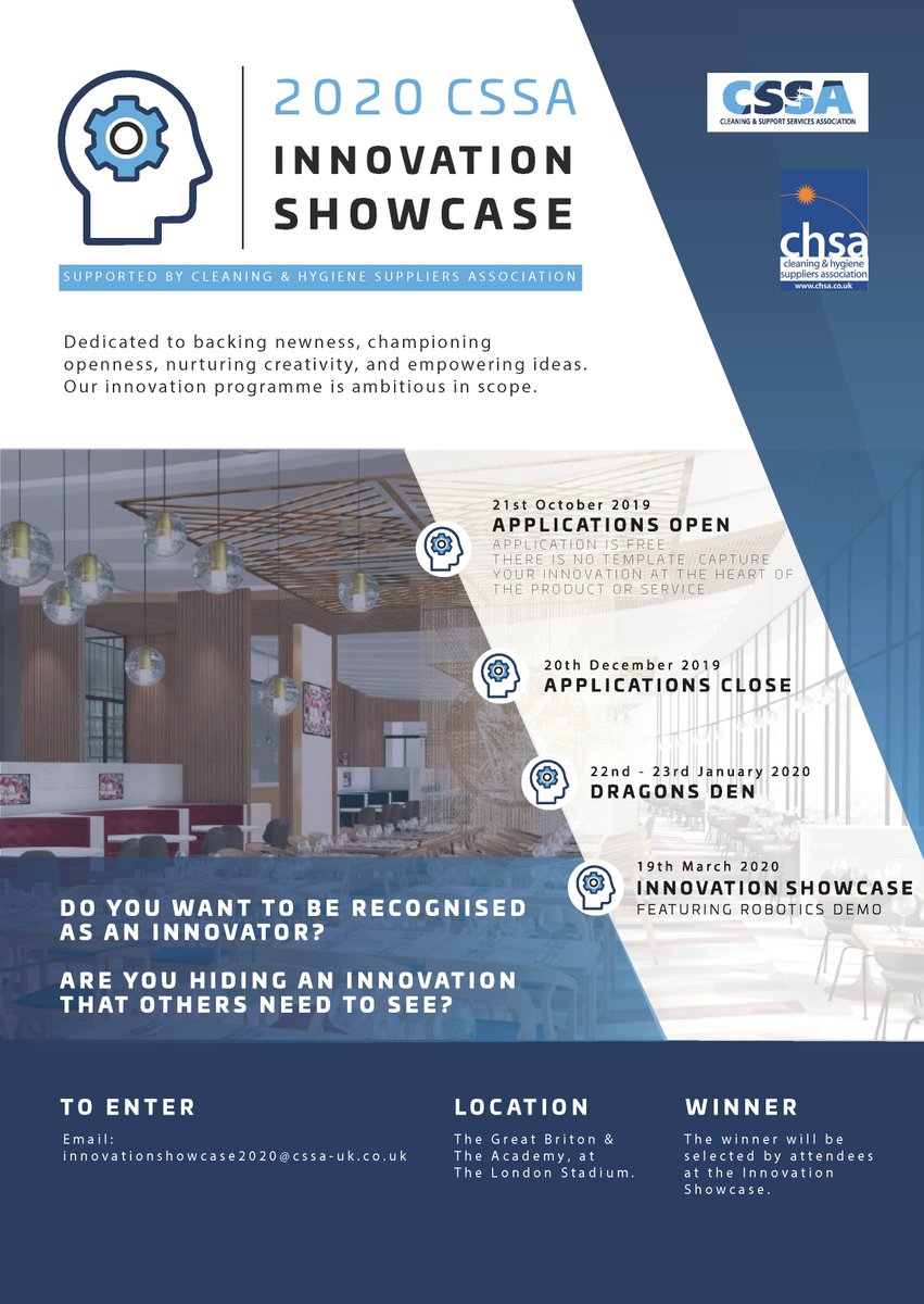 JangroLtd's tweet photo. DO YOU WANT TO BE RECOGNISED AS AN #IINNOVATOR? Applications are now open for @cssauk's 2020 #Innovation Showcase, it's free and easy to apply!
For more information: https://t.co/58Wm1grkq0
To enter email: innovationshowcase2020@cssa-uk.co.uk
#cssauk #cleaningindustry https://t.co/iOz4wPRVIj