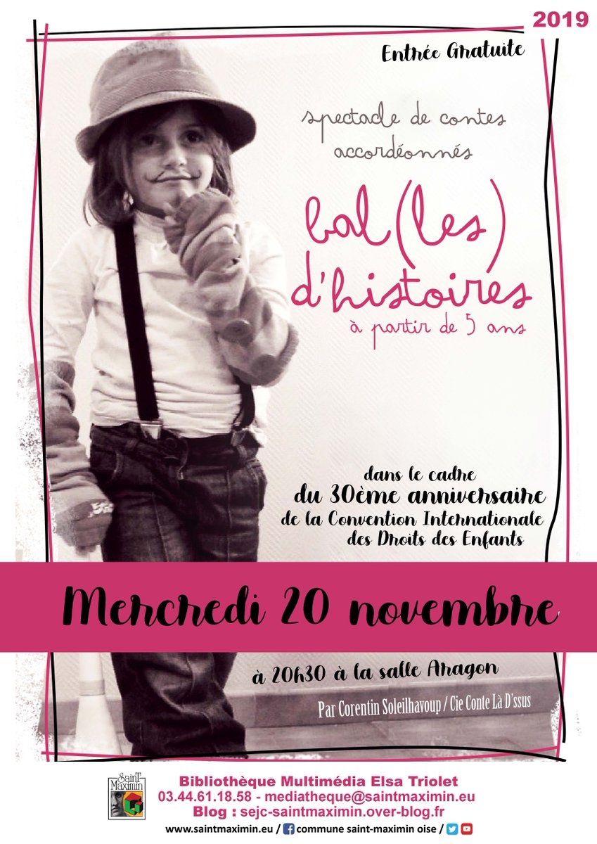 SaintMax60's tweet photo. Le 20 novembre, dans le cadre du trentième anniversaire de la convention des droits des enfants (de 3 à 6 ans), participez avec vos enfants à la soirées contes "Bal(les) d'histoires" à 20h30, salle Aragon. https://t.co/BQCrEW4r8f