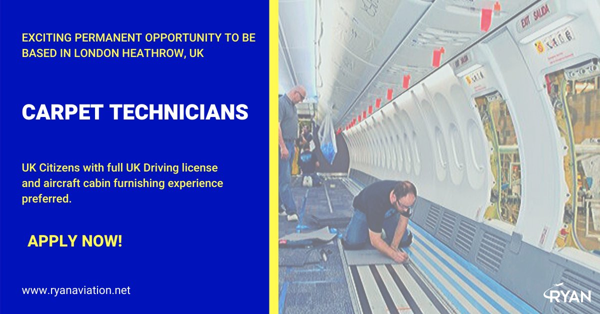 ryanaviation2's tweet photo. #JoinUs

We are hiring for a Carpet Technician to be based in London Heathrow, UK for our trusted client in the aviation industry. Interested UK based candidates can apply directly OR send their updated CV on sree@ryanaviation.net

https://t.co/RCZngldQtm https://t.co/GzsW2zmbkP
