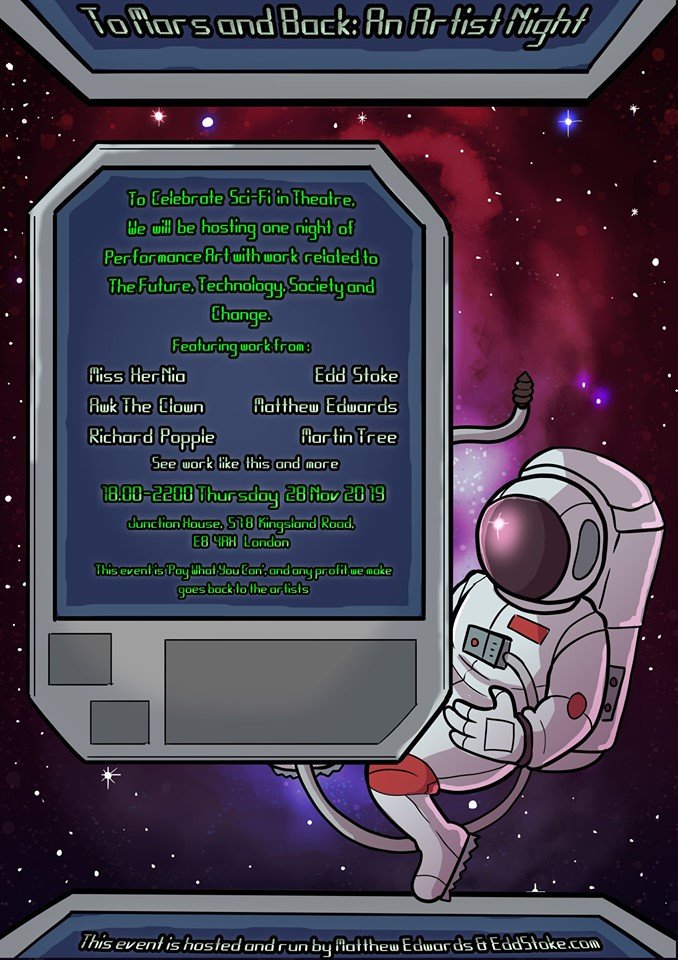 Awk is #overthemoon to be joining a host of talented cadets as we blast off for a night of Sci-Fi  #theatre!

Awk will be performing a new act that is bound to be #outofthisworld... hopefully... well awk likes it... 🌙🚀

#ToMarsAndBack
<a href="/JunctionHouseE8/">Junction House</a> 
28 #November 18:00
PWYW