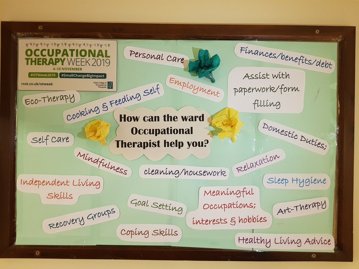 StAndrewsSomFT's tweet photo. Unfortunately I (OT) have been on leave during #OccupationalTherapyWeek, however I have whipped up this notice board today to promote my role here on St. Andrew's and have been discussing with staff members while encouraging all to wear a badge! #PromoteOT https://t.co/SrHTHUnfXp