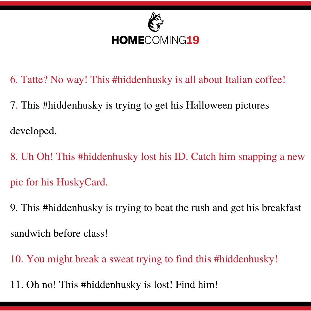 In SPIRIT of HUSKY SPIRIT DAY, #homecomingnu has hidden 11 stuffed huskies all over campus! Follow the clues to take home your own little husky! Don’t forgot to take a picture with your husky and tag <a href="/homecomingnu/">NU Homecoming</a>
