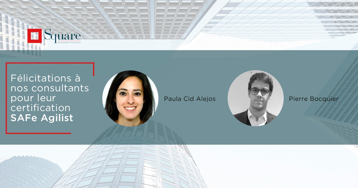 SQUARE_managem's tweet photo. [Formation Square] - Félicitations à Paula Cid Alejos et Pierre Bocquier, consultants @SQUARE_managem, pour avoir obtenu la certification SAFeAgilist ! #expertise #consulting #formation #SAFeAgilist #AgilBee https://t.co/SfQUoeDytR
