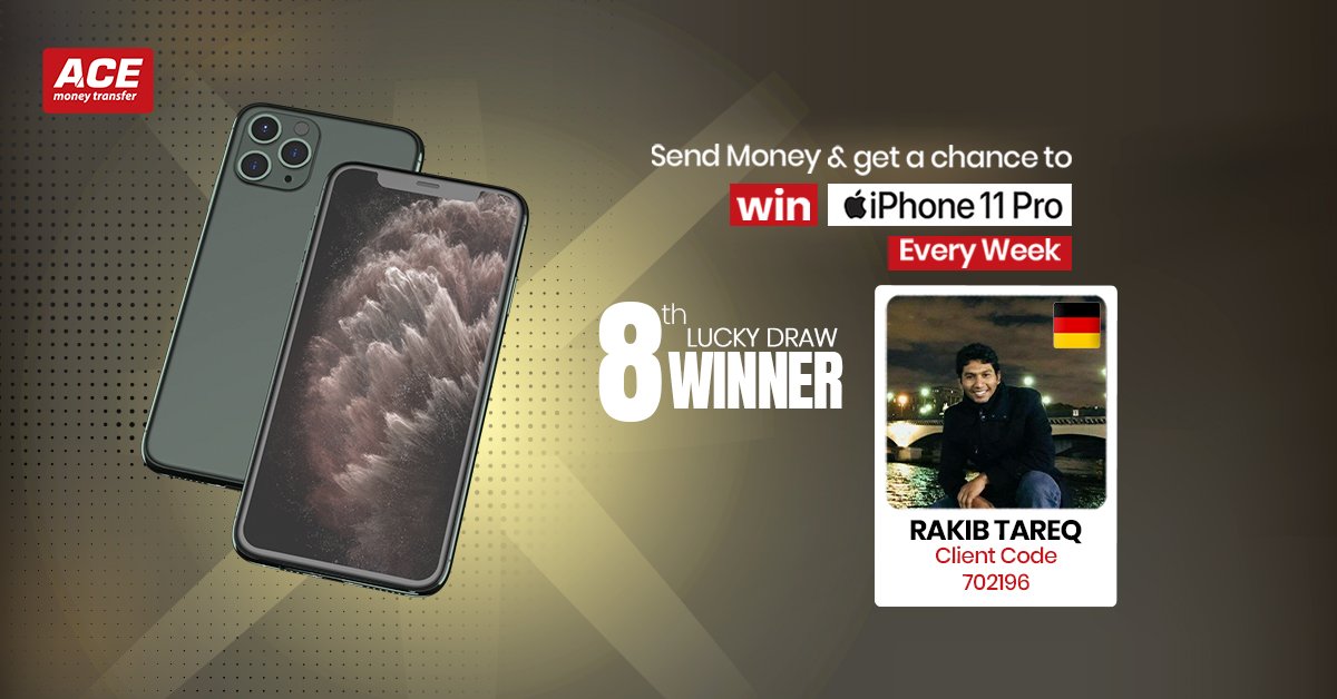 ACEMoneyTransfr's tweet photo. We Promised, We Delivered!
Congratulations to " Mr. RAKIB TAREQ " for Winning iPhone 11 Pro through Eighth Lucky Draw of ACE iPhone Offer 2019.
#iPhone11Pro #WeeklyOffer2019 #ACEMoneyTransfer #SendMoney #8thLuckyDraw #ACEiPhoneOffer https://t.co/gJ1upjGcA9