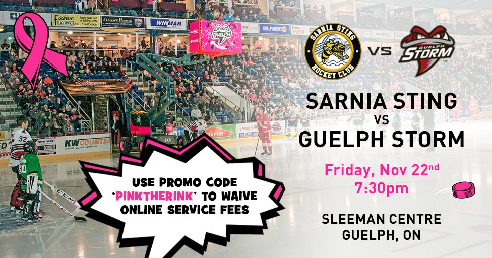 SkyjackInc's tweet image. Pink the Rink fundraiser is coming up 🤩 Join us &amp;amp; @LinamarCorp watch @Storm_City face-off against Sarnia Sting Fri Nov 22nd. 

Buying tickets online? Use promo code "PINKTHERINK" to waive service fees and donate part of your ticket to @CCSWatWell 🎉 

tickets.guelphstorm.com/events/11543-s…