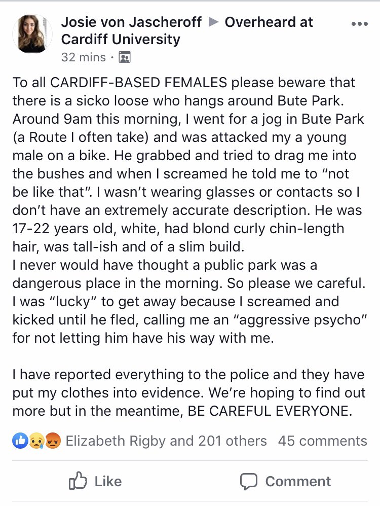 As a young woman who regularly takes the same running route, it’s absolutely terrifying to read an experience like this, which happened in broad daylight. You can’t be safe anywhere these days..