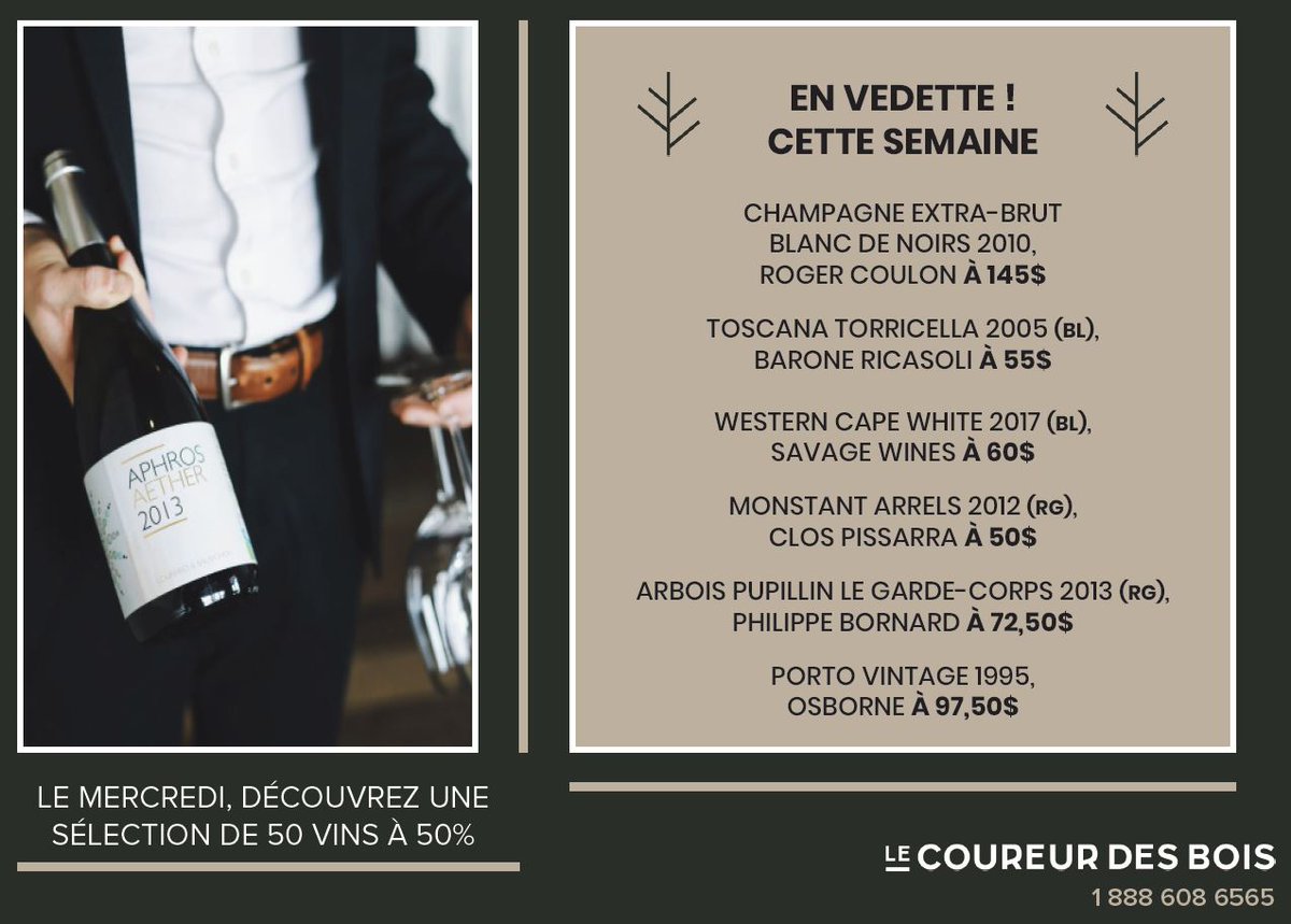 Ce soir 50% sur une sélection de 50 différents vins au Bistro!
Champagne Roger Coulon Agence Calibré
Ricasoli 1141i
Savage Winery Symbiose Vins
Clos Pissarra Art &amp; Vin
Philippe Bornard RéZin Sélection
Osborne