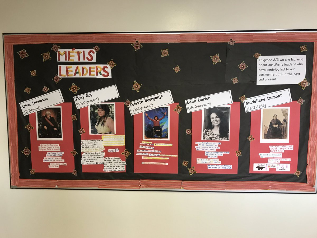 CDogniez's tweet photo. In November we celebrate heroes, role models and leaders ⁦@StMikeGSCS⁩   Marrsi to the Grade 2/3 class for creating this beautiful bulletin board display after doing research on these Métis  leaders! ⁦@GSCSNews⁩ #Metised https://t.co/Lvpv4vzbQU