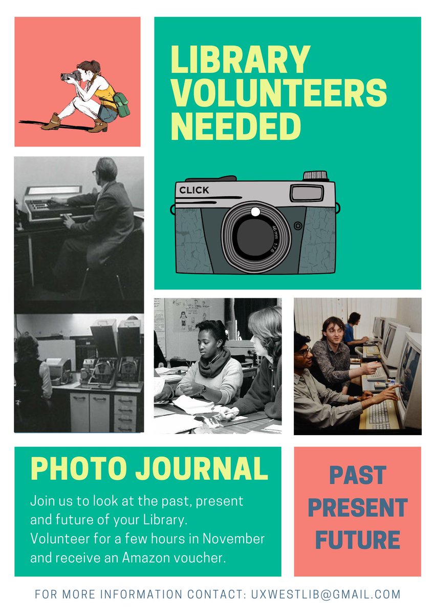 UniWestLib's tweet photo. We want you!
If you can spare a couple of hours (and want an Amazon voucher in return) volunteer for our Photo Journal activity, exploring the past, present & future of your Library.
Email for details: uxwestlib@gmail.com
#uxwestlib #library #past #present #future #volunteering https://t.co/cXzImT8upa