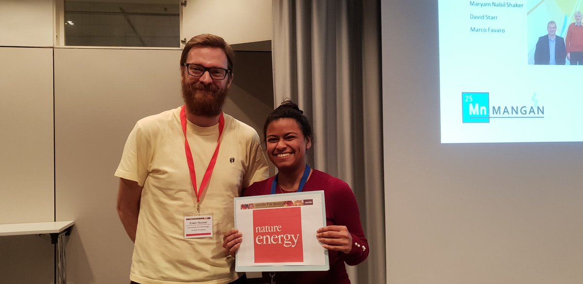 nanoGe_Conf's tweet photo. 🏆#NFM19 Paula Dias and Shababa Selim win the award for the best #SolFuel19 poster sponsored by @NatureEnergyJnl and @RoySocChem https://t.co/6RfFw5yMDG