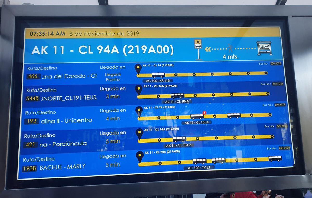 Siguen las buenas noticias para los usuarios de TransMilenio.Hoy arranca prueba piloto que brinda información en tiempo real de los servicios del #SITP a través de pantallas instaladas inicialmente en 5 paraderos.Bravo Maria Consuelo Araújo, nuestra súper gerente de TransMilenio!