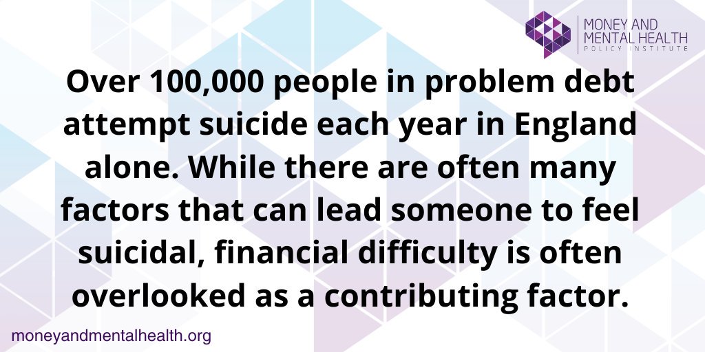 1. Tackle the link between suicide & financial difficulty by:
 
🔹 Putting an end to threatening #debt collection practices, by stopping #DebtThreat letters & aggressive #bailiff action
 
🔹 Making financial difficulty a key focus in the next National Suicide Prevention Strategy