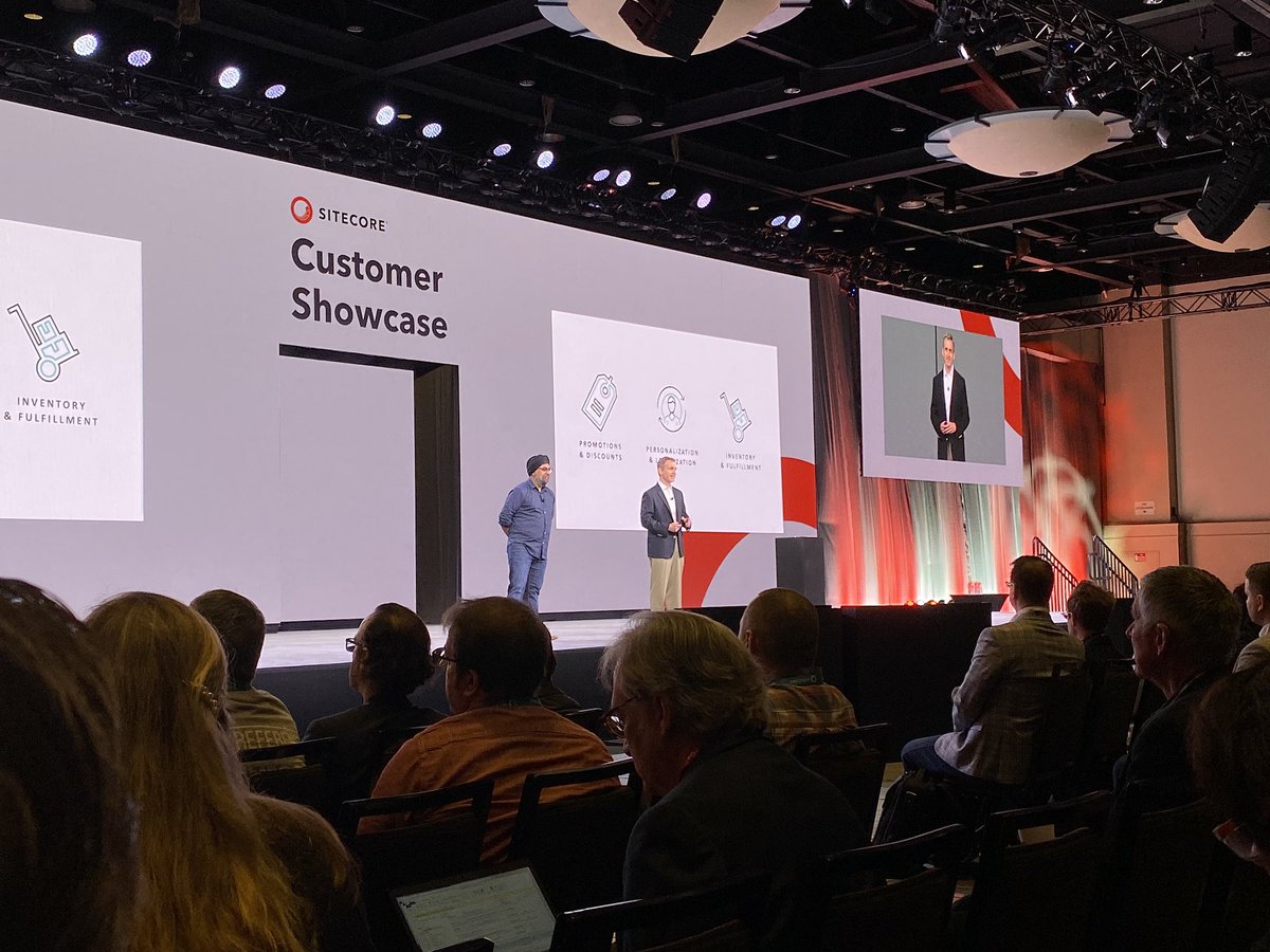 mead_dave's tweet photo. @dthrasher from @EPAMSYSTEMS and @tanbir_grover from @LowesCanadaCorp at #SitecoreSYM describing Lowe’s digital ecommerce journey at the opening keynote ! https://t.co/l1MYZzZ3qp