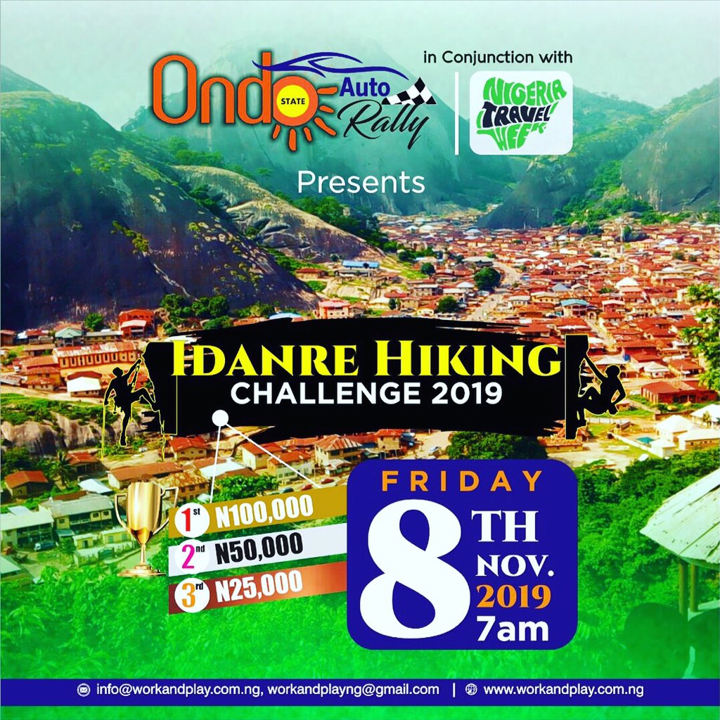 workandplayng's tweet photo. Just in two days!
If you’re in Ondo, make your way down to the Idanre Hills and win big!

Over 500k worth of prizes to be won!!!
For Inquiries and please call:
07081983333,
08025468721
#OndoAutoRally2019
#workandplayng 
#IdanreHikingChallenge https://t.co/W7ijFcuRBj