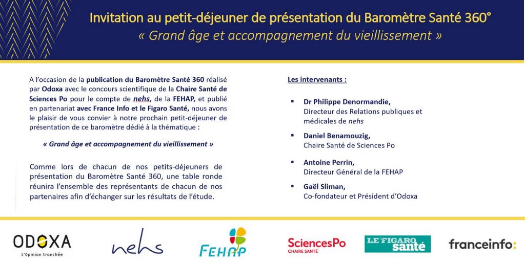 MNHmutuelle's tweet photo. Les inscriptions à la restitution des résultats du prochain "Baromètre Santé 360°" sur le thème "Grand âge et accompagnement du vieillissement" sont ouvertes ⤵️
📅 18/11/2019
🕑 8h30 - 10h
📍 Amphi. Chapsal de Sciences Po, 27 rue Saint-Guillaume - Paris 7ème 
📨contact@odoxa.fr https://t.co/QEMB33F2bv