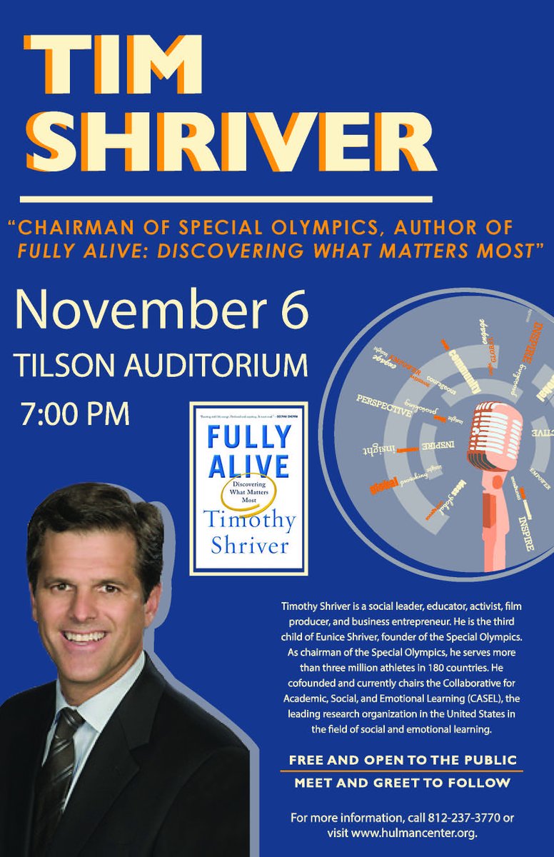 Yellow_Life_Rin's tweet photo. Can’t wait to hear @TimShriver speak tonight at Tilson Auditorium @Indianastate!Mr.Shriver is the chairman of the Special Olympics International.If your free, come out and hear him talk about his book,Fully Alive:Discovering What Matter Most! #RCSM483 #SpecialOlympics https://t.co/yA3tExbXXL