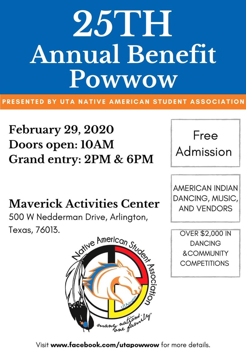 UTA_Powwow's tweet photo. *Mark your calendar* February 29, 2020. Our powwow will be here before you know it.
*New location* Inside the Maverick Activities Center.
*More information* https://t.co/dhDFtSlhoH
#UTAPowwow2020 #UTANativeStudents https://t.co/x3rORJklV3