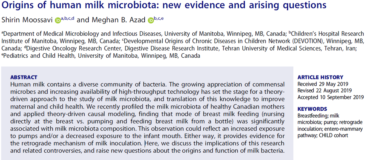 DEVOTION_MB's tweet image. &quot;We recently profiled the milk microbiota of healthy Canadian mothers... finding that mode of breastmilk feeding  was significantly associated with milk microbiota composition&quot; Read the whole article by @ShirinMoossavi and @MeghanAzad here: doi.org/10.1080/194909…