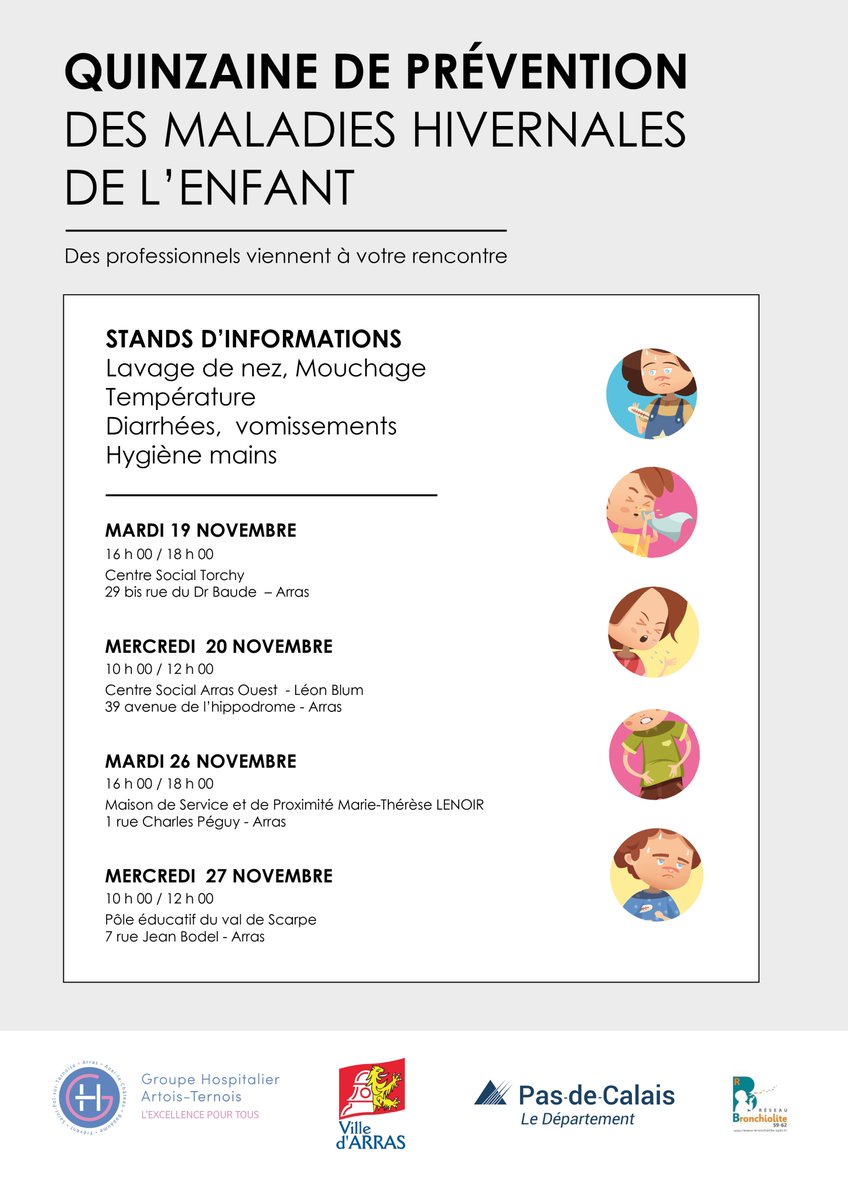 Avec <a href="/VilleArras/">Ville d'Arras</a>, la Protection Maternelle Infantile <a href="/pasdecalais62/">pasdecalais62</a> et le Réseau-Bronchiolite, pédiatres et puéricultrices du <a href="/GHAT_62/">GH Artois-Ternois</a> viennent à votre rencontre dans les centres sociaux pour parler maladies hivernales chez l’enfant. C’est gratuit et ouvert à tous !