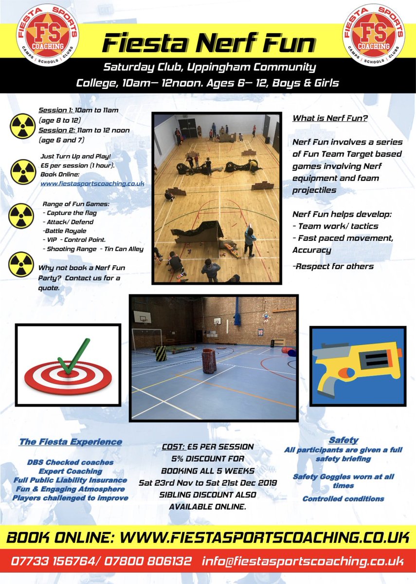 What's On Event: Fiesta Nerf Fun: When: November 23, 2019 – December 21, 2019 all-day Where: Uppingham Community College, London Rd, Uppingham, Oakham LE15 9TJ, UK Nerf Fun involves a series of Fun Team Target based games involving Nerf equipment and… dlvr.it/RHkzwh