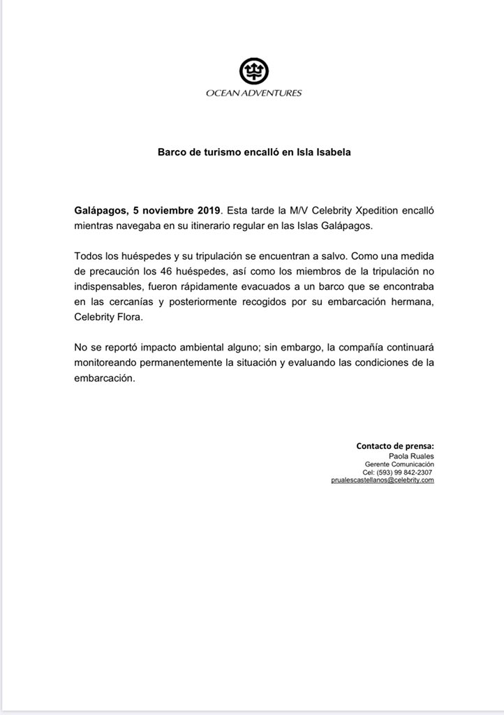 santacruzradio's tweet photo. Rescate de embarcación Celebrity Xpedition, se encontraba parcialmente encallada en la Punta Vicente Roca, ubicada al norte de la isla #Isabela en #Galápagos. 
Para su rescate se coordinó la atención de tres embarcaciones que la sostuvieron para posteriormente ser sacada. https://t.co/cU4JN8q1aX