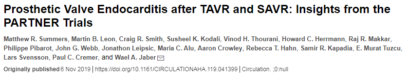 A hearty congratulations to @MSummersMD et al, for their publication in @CircAHA showing no difference in prosthetic valve endocarditis between TAVR vs SAVR! @venumenon10 @tavrkapadia @DrJRamchand @PaulCremerMD @AllanLKleinMD1 @SergeHarbMD @ChrisJellisMD @DesaiMilindY