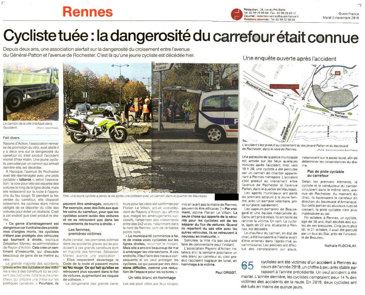 [Thread] La cycliste de 22 ans tuée à #Rennes l'a été dans un carrefour qui a été réaménagé en dépit du bon sens, voilà à peine 3 ans, sans consultation de <a href="/Rayons_Action/">Rayons d'Action</a>. Ce n'est pas un accident, c'est une faute de la collectivité. Explications 🔽🔽rtl.fr/actu/justice-f…
