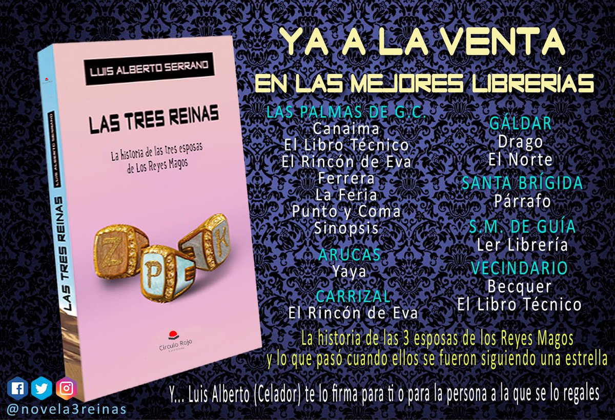novela3reinas's tweet photo. Ya puedes comprar en librerías la novela LAS TRES REINAS sobre la historia de las esposas de los Reyes Magos, de Luis Alberto Serrano (@luisalserrano) o solicitarla a través de la Web... https://t.co/bAJnhSLJRf
#novela #Bestseller #historia #L3R #ReyesMagos https://t.co/i0hF0L2VCg