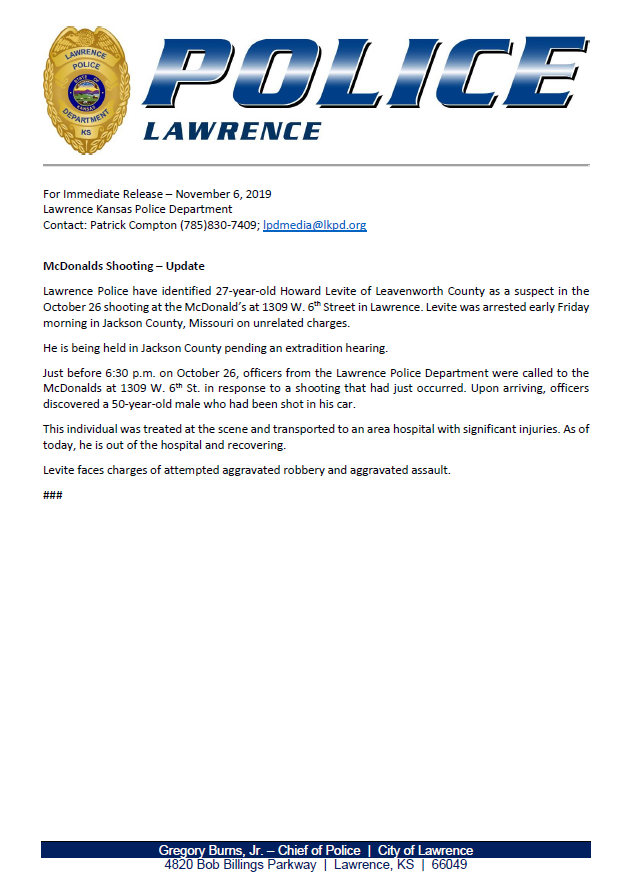 LawrenceKS_PD's tweet photo. Jackson County, Missouri authorities have a suspect in custody for last week's shooting at the McDonald's at 1309 W. 6th in Lawrence. https://t.co/kKpq24wLts