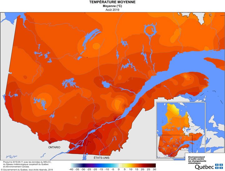 EnvironnementQc's tweet photo. Vous avez trouvé qu’il a fait chaud en août dernier?🥵 Ce n’est pas surprenant! D’après nos analyses sur le climat, le mois d’août 2019 a été plus chaud de 1,1 °C que la normale de 1981-2010 au Québec☀️🌡. Pour en savoir plus : https://t.co/VoibLv38Mn https://t.co/CL6KYuoALf